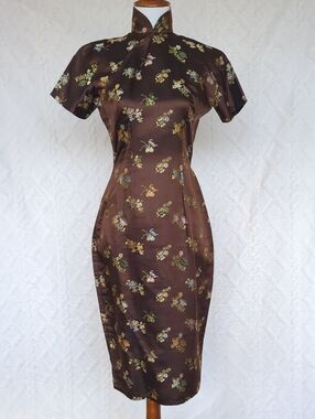 Vintage Brown Floral Satin Cheongsam Dress